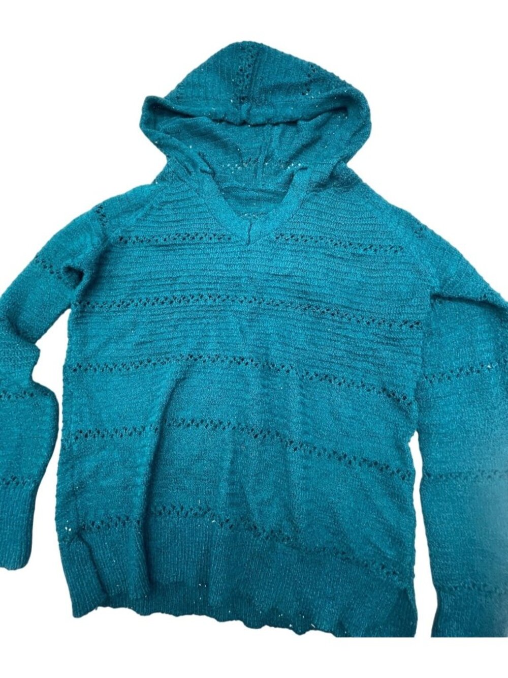 women's Hooded lose knit sweater tie acrylic side v long sleeve aqua small READ